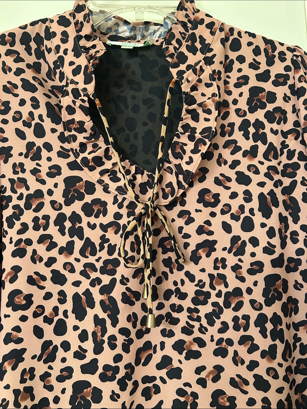 Jade Tan Leopard Print Ruffle Neck Blouse  Sz S